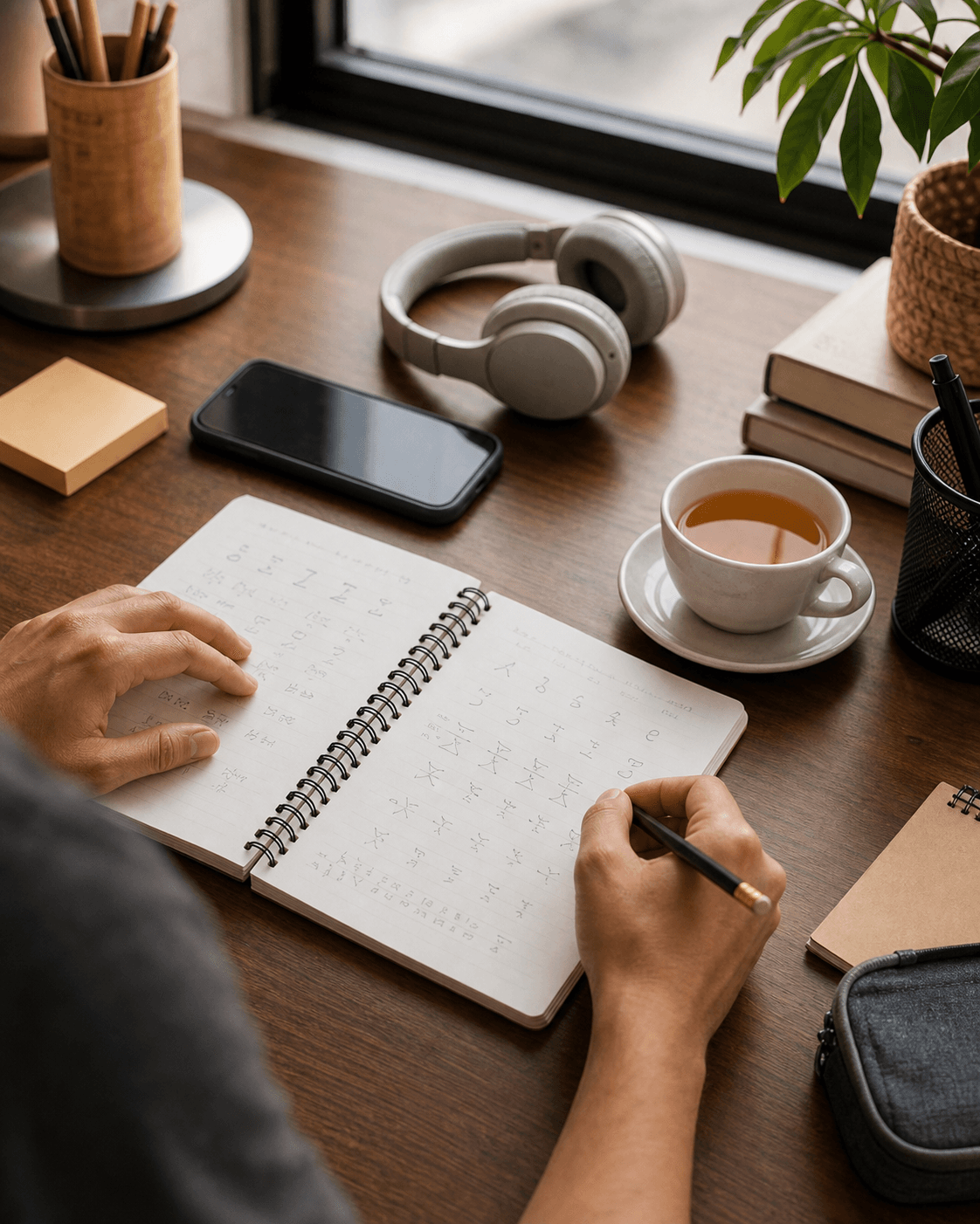 Mesa de estudos com celular, caderno e exercícios de pinyin