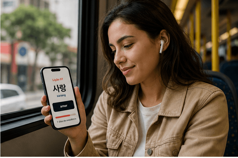 Pessoa brasileira estudando coreano pelo celular durante uma viagem de ônibus