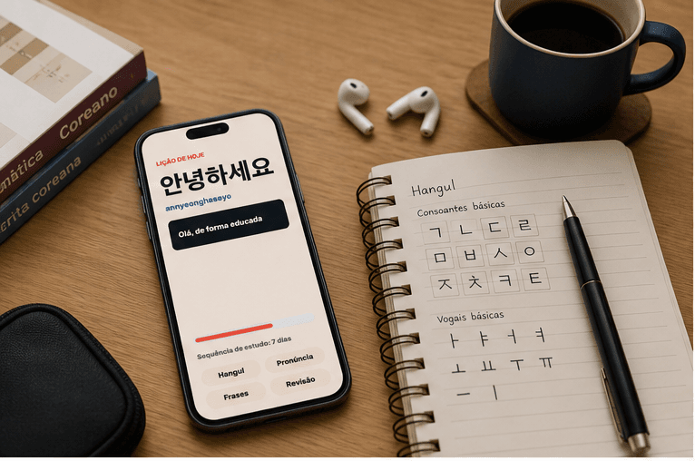 Mesa de estudo com celular aberto em uma lição de coreano, caderno de Hangul, fones e café