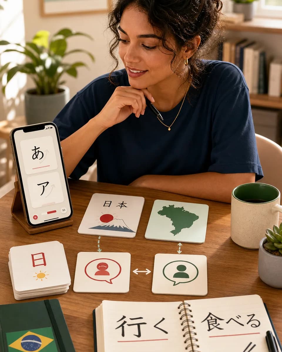 Brasileiros estudando japonês juntos com celulares e cadernos