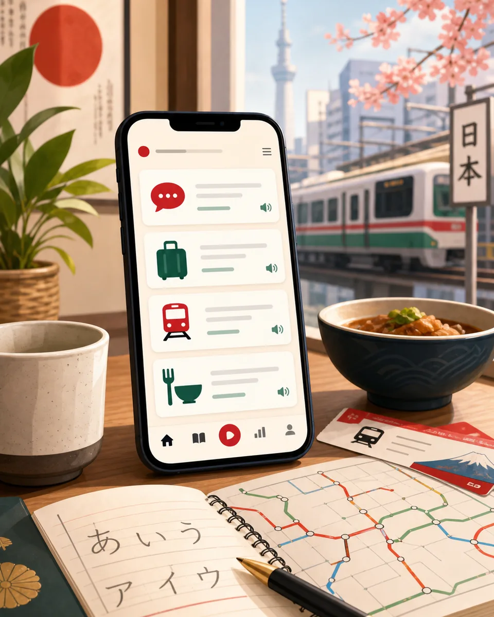 Pessoa planejando viagem ao Japão enquanto estuda frases no celular