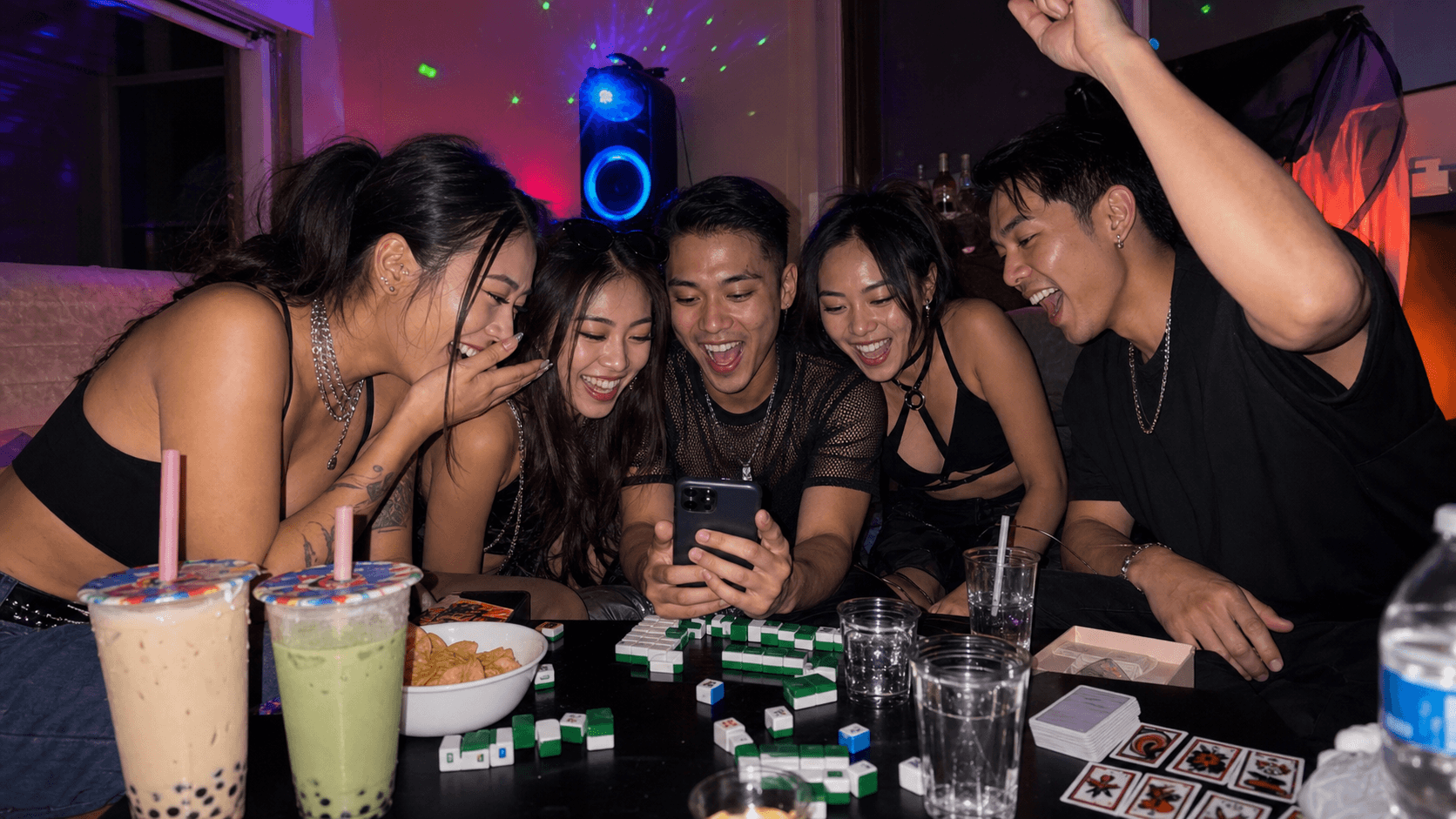 Adults using a phone to play a cultural party game around a table