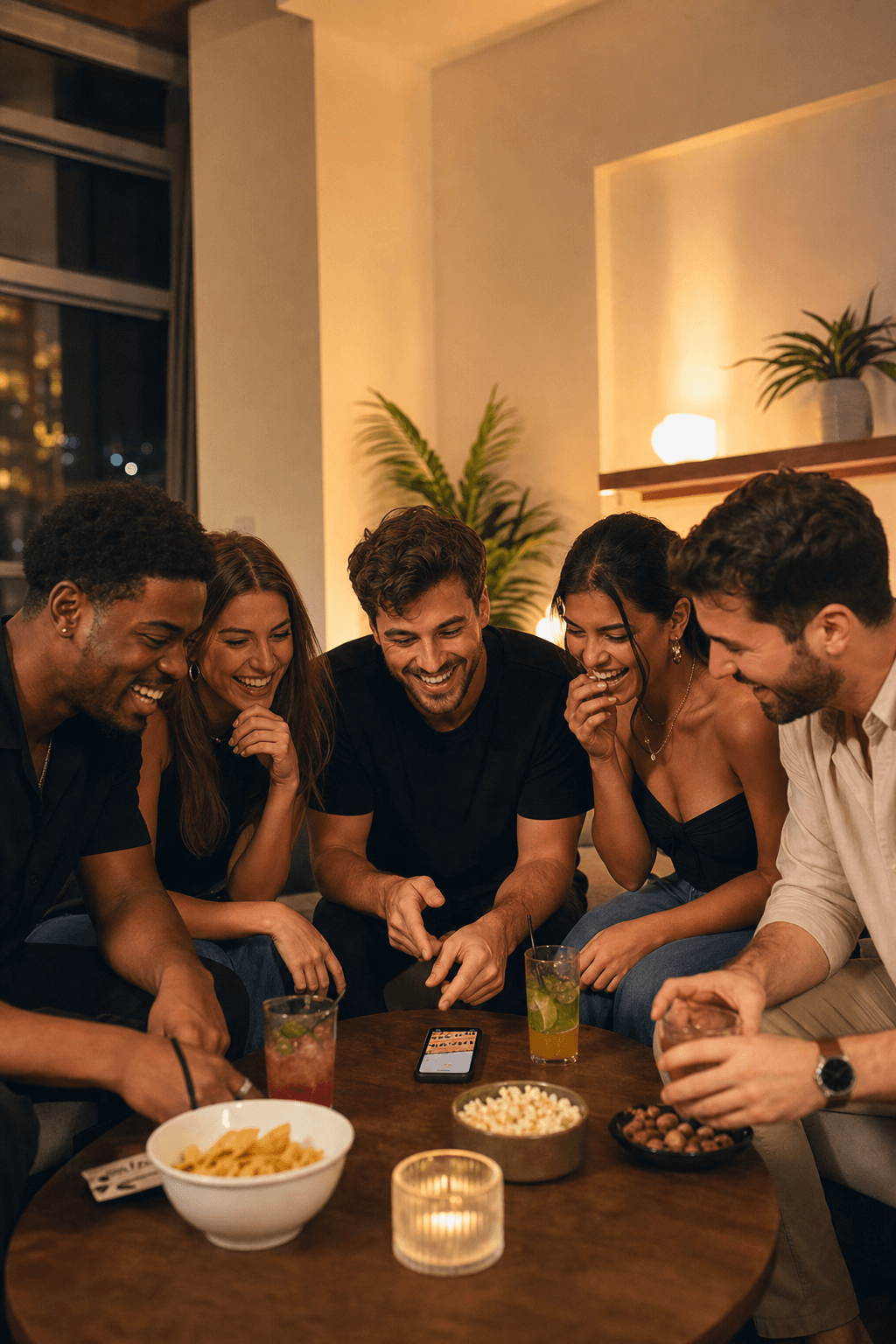 Amigos rindo ao redor de um celular enquanto jogam Sip & Dare em uma festa em casa