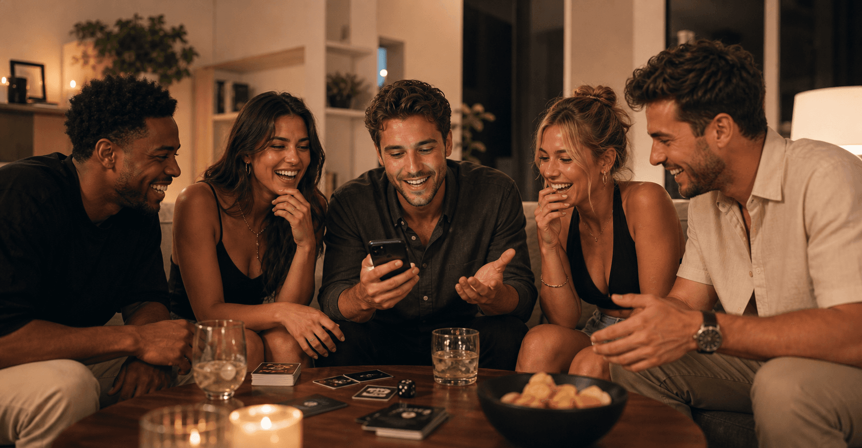 Adultos usando um celular para jogar desafios ao redor de uma mesa